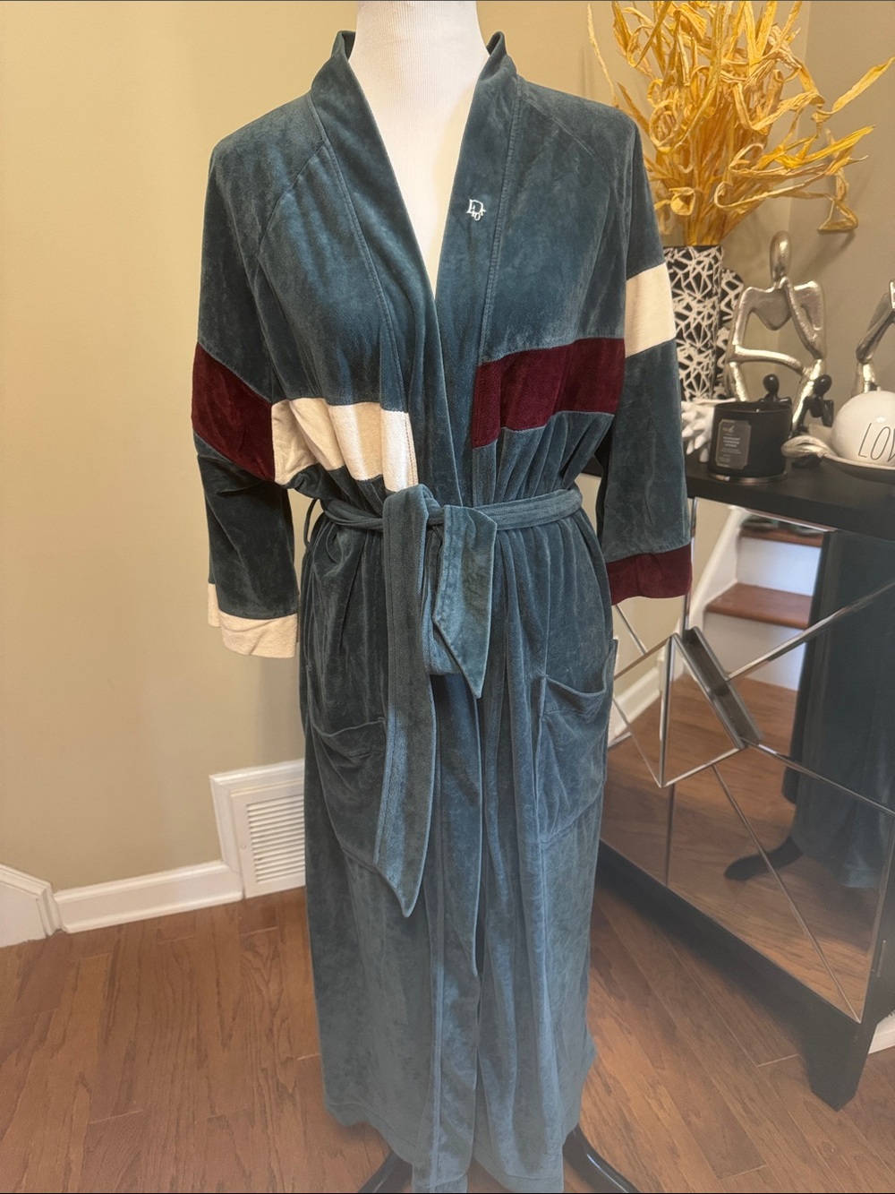 Dior Velour Long Robe in Teal/ Maroon/Cream  1970’s/80’s Size OS pre-owned